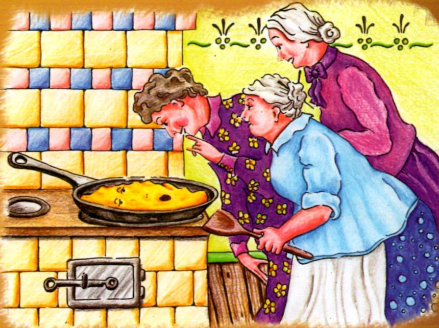 Drei alte Damen bereiten einen Pfannkuchen zu